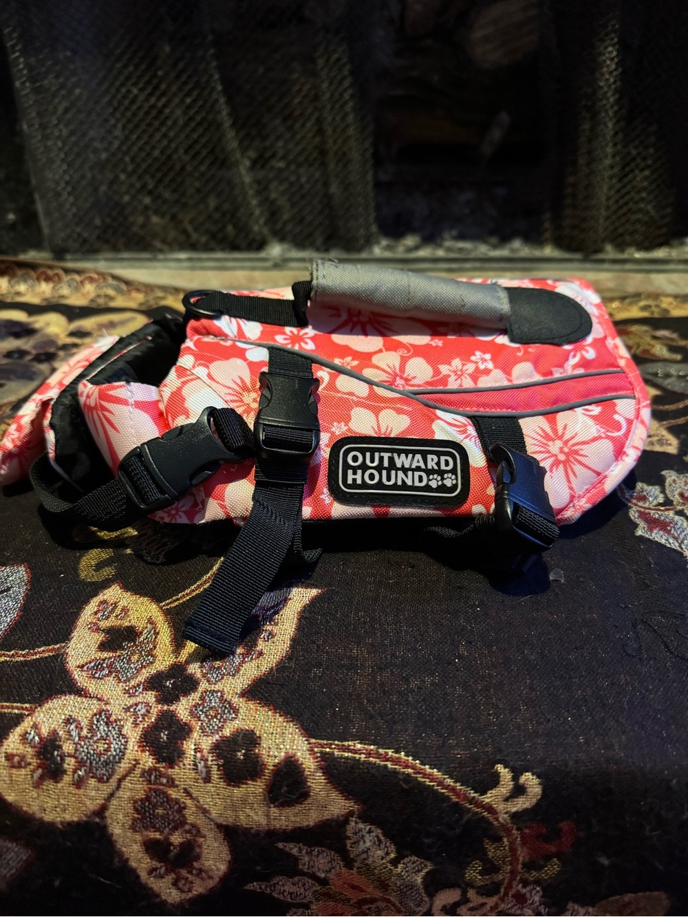 Outward Hound Coral Floral Dog Life Vest with Black Accents